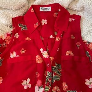 Red, sleeveless, floral print blouse from Express